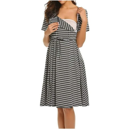 

asdoklhq Maternity Clothes for Women Clearance Woman O-Neck Stripe Short Sleeve Breast-Feeding Pregnant Maternity Nursing Dress