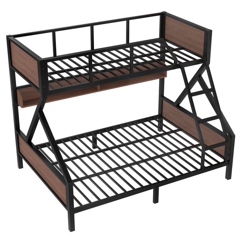 Twin XL over Queen Size Metal Bunk Bed, Kids Teens Chic Bed Frame with Bedside Storage Shelves and LED Light Strip