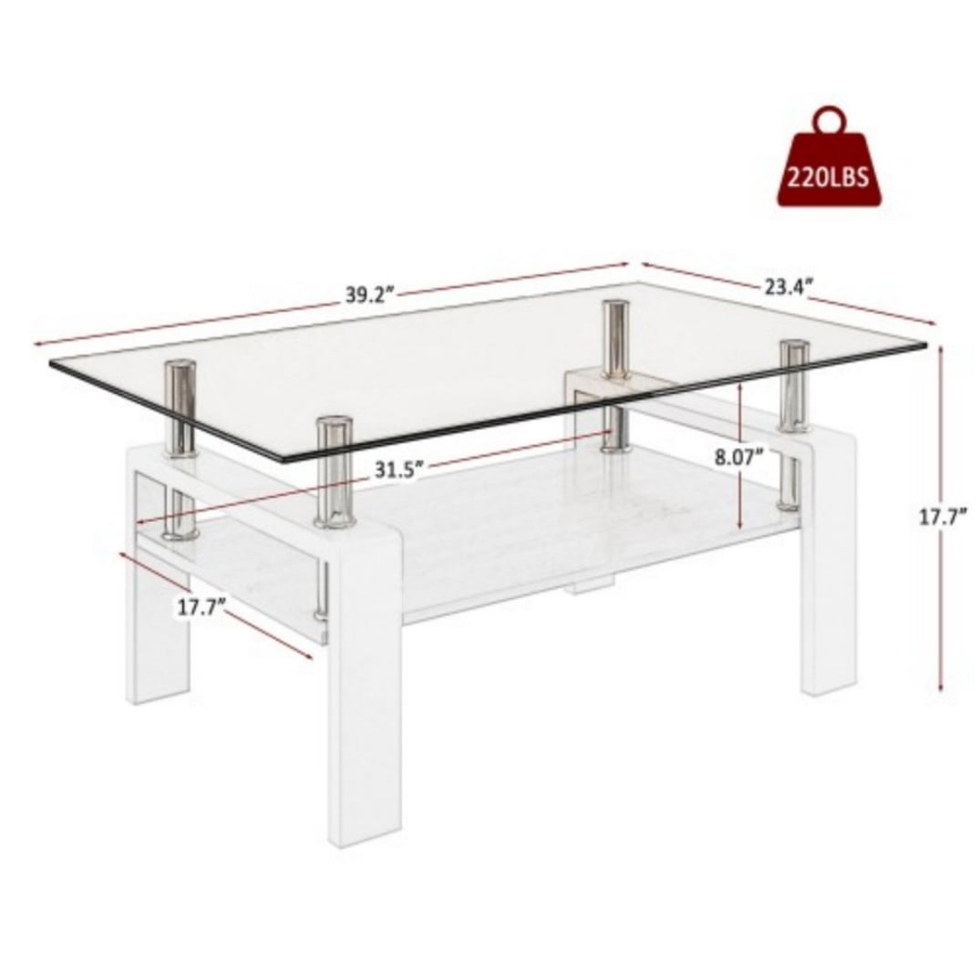Rectangle Coffee Table, 39.2" Brown Tempered Glass Tabletop with White MDF Storage Shelf and Iron Legs, Modern Clear Glass Center Table for Living Room, 220 lbs