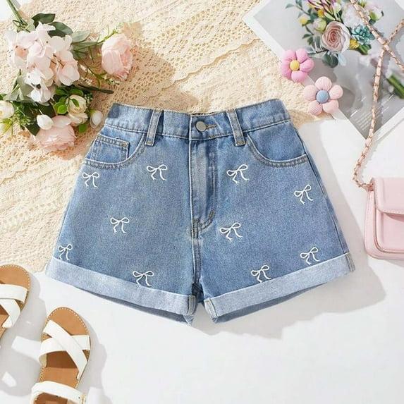 RTKFRFLM Teen Girls Bowknot Denim Shorts Fashionable Washed Jean Shorts for Youth Light Blue 11-12 Years