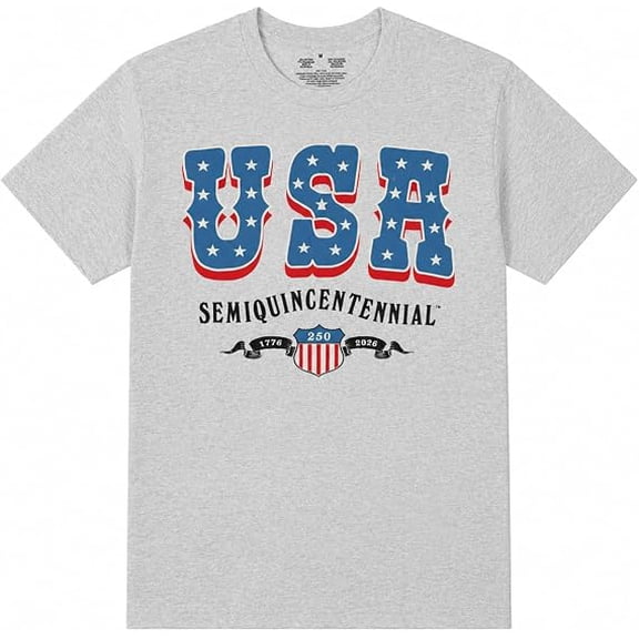 USA Semiquincentennial 250th Anniversary 1776–2026 Shield Graphic T-Shirt, Patriotic Independence Celebration Tee, Unisex Adult Heather Grey, Large