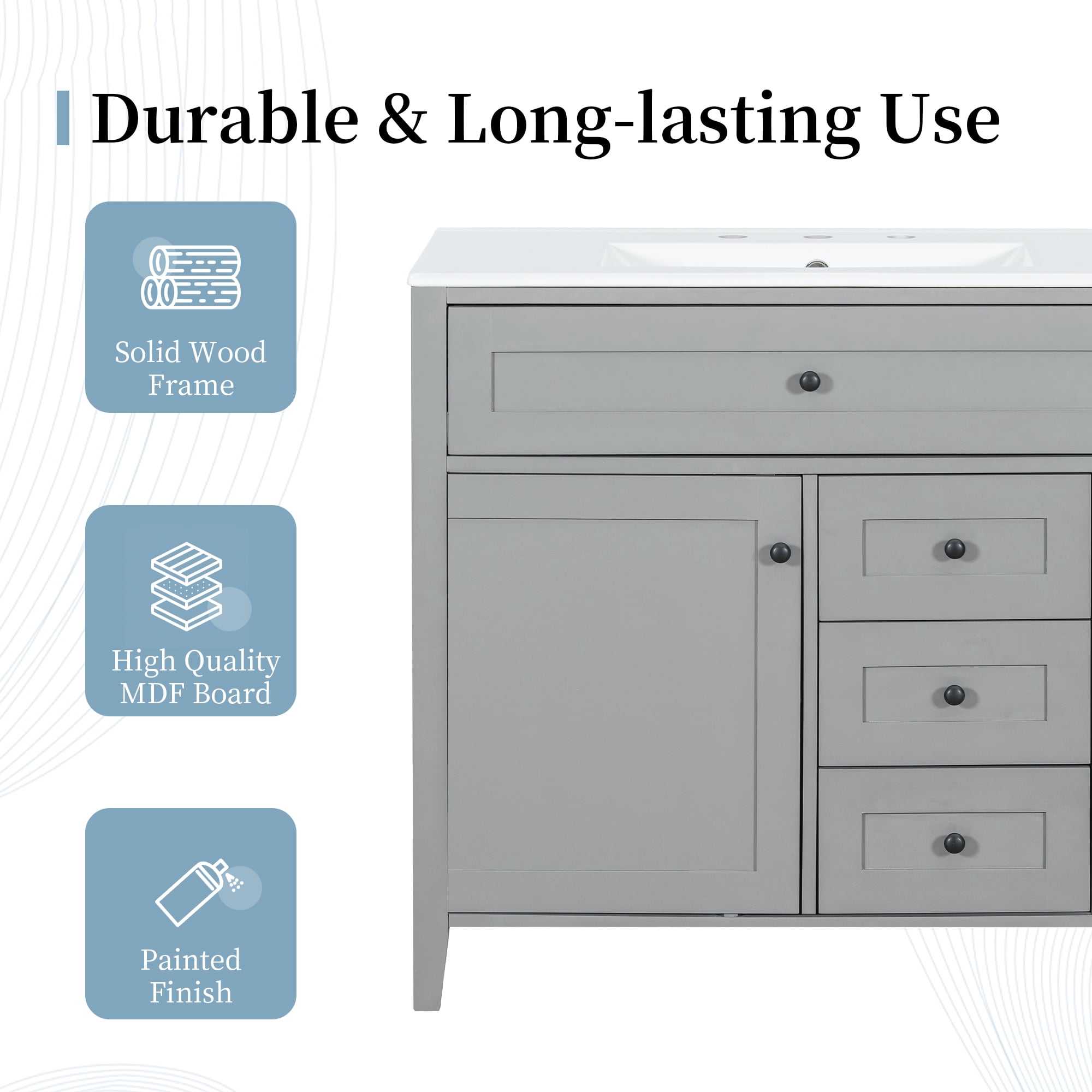 Anpport 36" Freestanding Bathroom Vanity with Sink, Modern MDF & Rubberwood Cabinet, 3 Drawers, Adjustable Shelf & Left‑Side Door, Grey