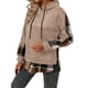 thumbnail image 3 of Sudadera con Capucha de Larga para Mujer, Estilo Patchwork A Cuadros, con Abertura Lateral, Ideal para Otoño e Invierno. Caqui M, 3 of 9