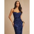 thumbnail image 6 of Navy Blue 3D Floral Embroidered Bodycon Slip Maxi Dress For Women, 6 of 7
