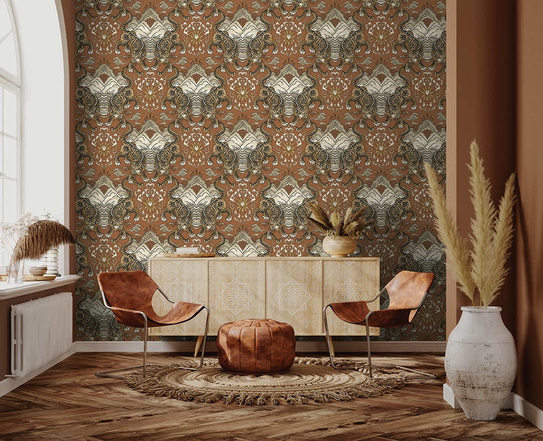 Burnt Orange Tiger Chinese Inspired Textured Wallpaper R8413