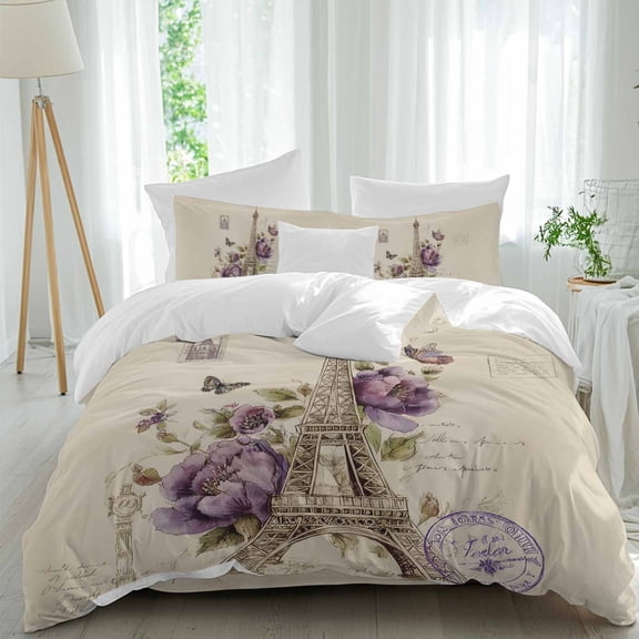 Retro Eiffel Tower Twin Size Comforter Set, Watercolor Purple Butterfly Floral Vintage Bedding for All Seasons, 4 Pcs Bed Set, 1 Quiltcover (68"x86") ,1Sheet(67"x116"), 2Pillowcases (30"x20")
