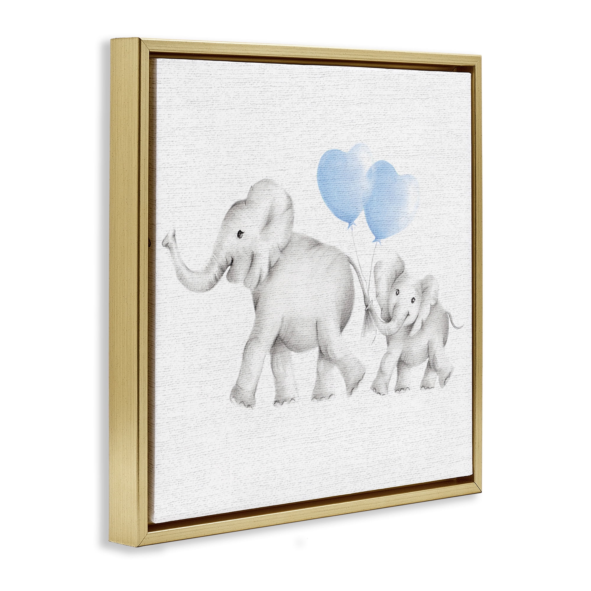 Stupell Industries Elephant Family with Blue Balloons Art for Kids Painting Gold Floater Framed Canvas Art Print Wall Art, 18 x 18
