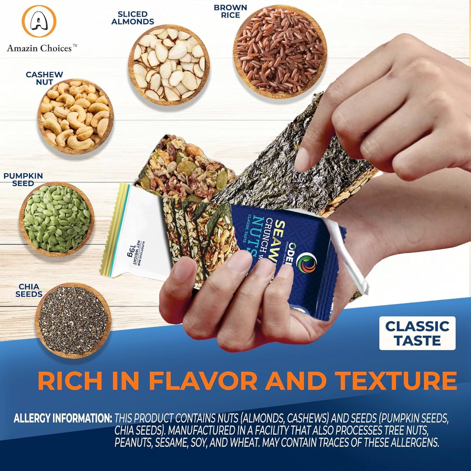 Seaweed Crunch with Nuts Classic Taste– Amazin Choices Vegan Snack Bars with Cashews, Almonds & Pumpkin Seeds – Premium Asian Chips – Seaweed Sheets – Sandwich Seaweed - 1 case ( 10.72oz x 24 boxes )