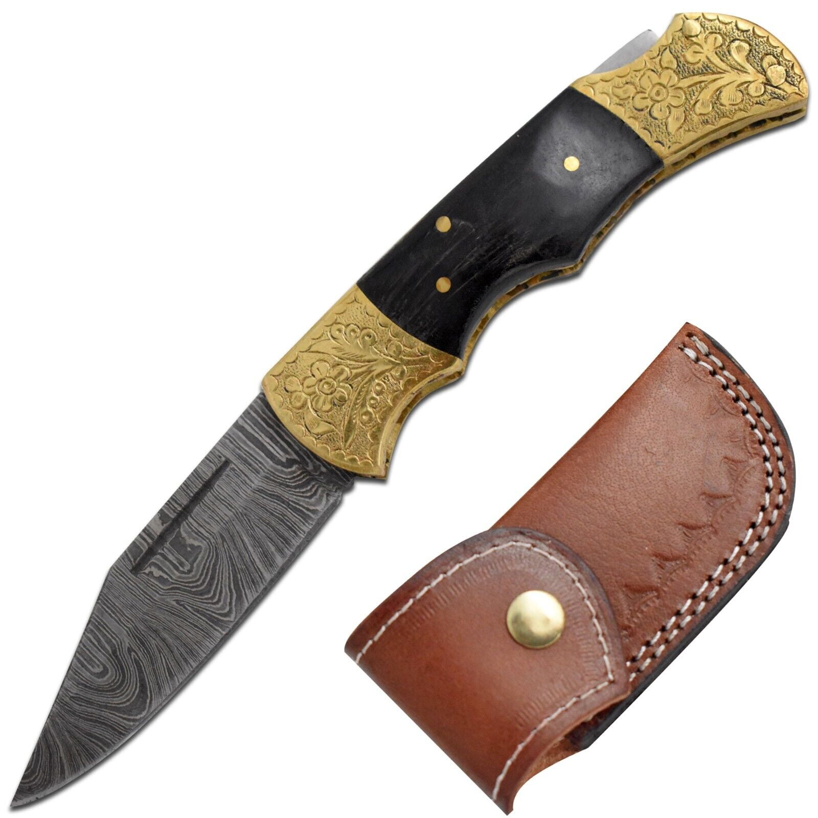 Custom Damascus Steel Collection Engraved Brass Folding Knife