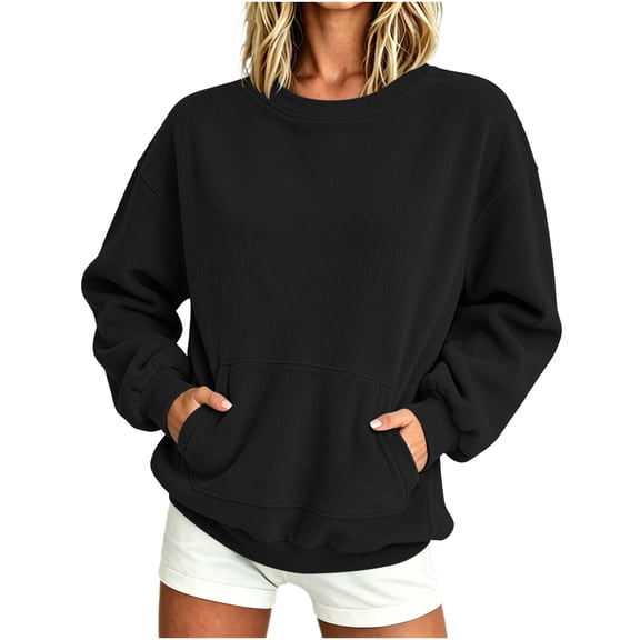 Hvyesh Crew Neck Sweashirt for Women Long Sleeve Corduroy Pullover Casual Solid Color Sports Sweashirts