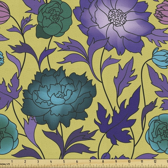 Floral Fabric by the Yard Upholstery, Spring Themed Repeating Vintage Pattern with Colorful Abstract Flowers Leaves, Decorative Fabric for DIY and Home Accents, Khaki Multicolor by Ambesonne