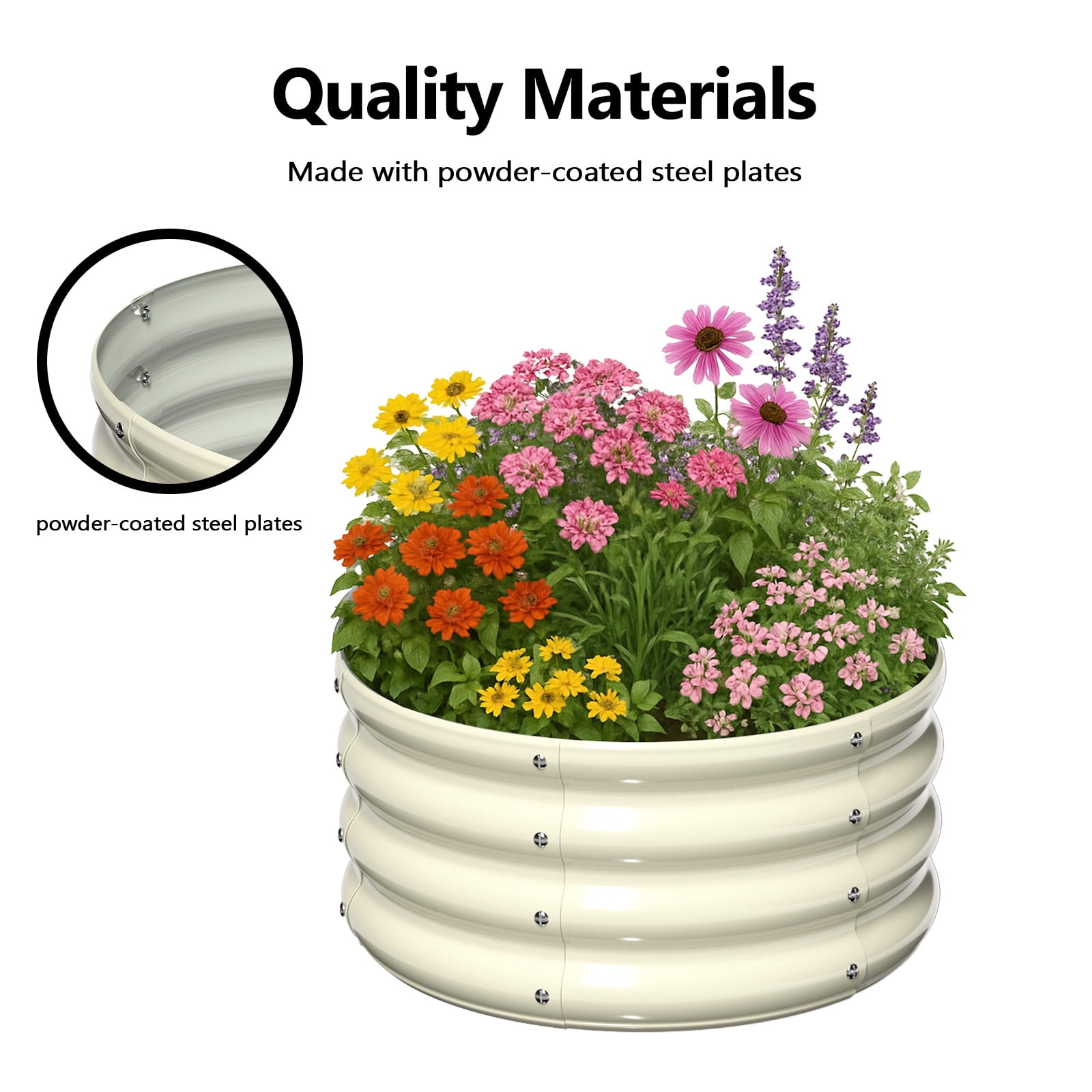 2Pcs Raised Garden Bed, Round Galvanized Outdoor Planter Box, Metal Garden Bed for Planting Vegetables Fruits Flowers, White, 2x2x1ft