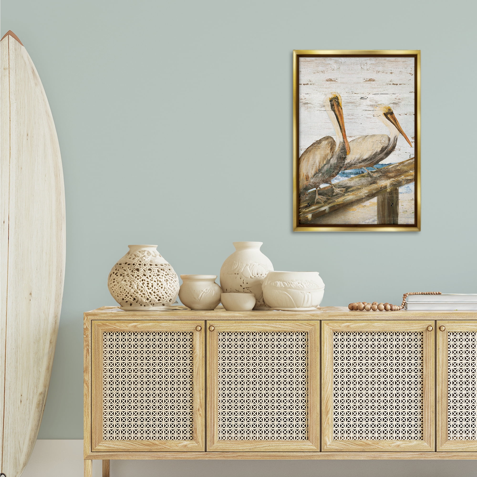 Stupell Industries Rustic Pelicans Perched Animals & Insects Painting Gold Floater Framed Canvas Art Print Wall Art, 21 x 31