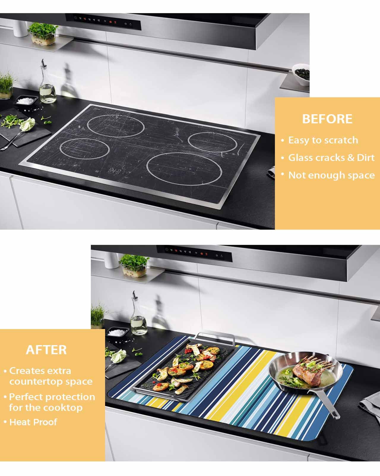 nqOlkjepod Large Induction Cooktop Protector Mat 24"x21", Blue Yellow Teal Stripes Stove Top Covers for Electric Stove, Boho Colorful Ombre Texture Stove Burner Cover Mats, Glass Top Stove Cover