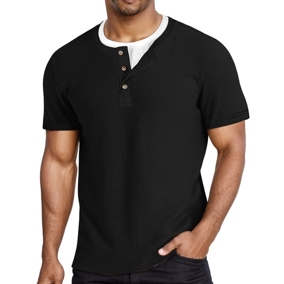 CHENHANN Mens Tshirts Short Sleeve Waffle Button Down Crew Neck Henley Shirts Lightweight Black Button Up Shirt Mens Casual Shirts