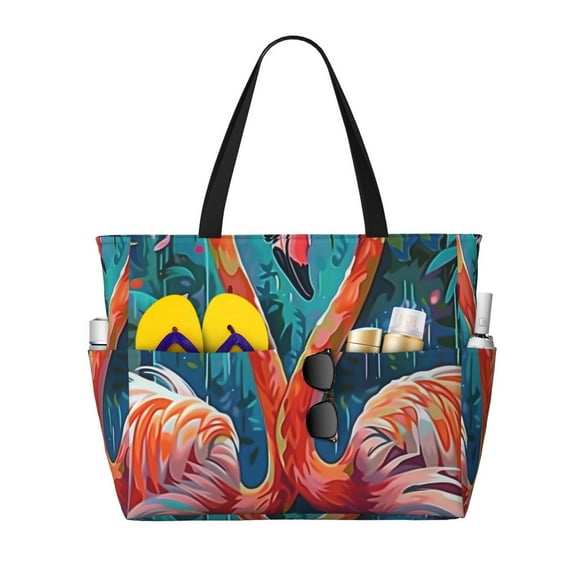 Naloa Romantic Flamingo Pair Large Capacity Beach Bag, Waterproof Sandproof Beach Swim Pool Bag Tote Bag for Women