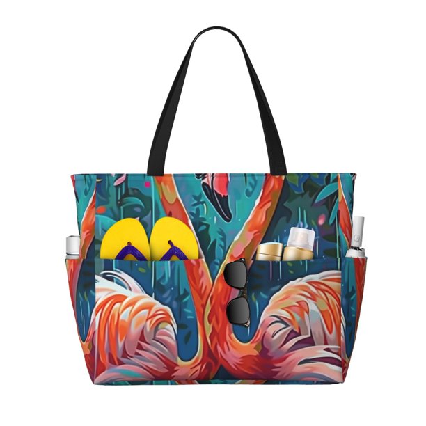 Easygdp Romantic Flamingo Pair Bolsa de Viaje de Playa de Gran Capacidad, Bolsa Tote Perfecta para la Playa, Escapadas de Fin de Semana y Viajes
