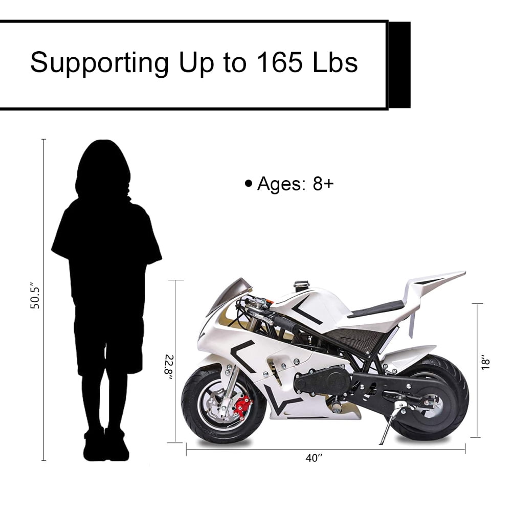 FRP 2 Stroke Pocket Bike 03, Pocket Bike for Kids W/ Strong Dual Brake, Realistic Racing Pocket Rocket Max Speed 20 Mph, Mini Bike Max Weight 165 LB-Ultra Edition, White