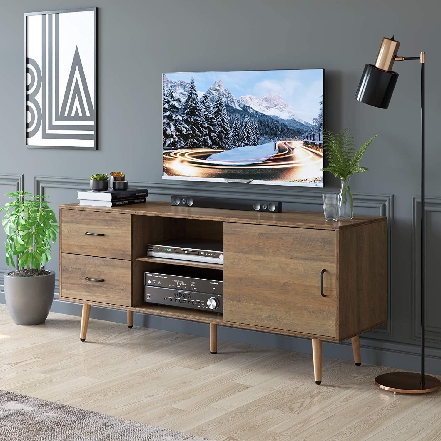 Entertainment Center with Adjustable Shelves and Drawers HOMECHO TV Stand for TVs up to 60 TV Cabinet with Storage Rustic Brown Media Console for Living Room 