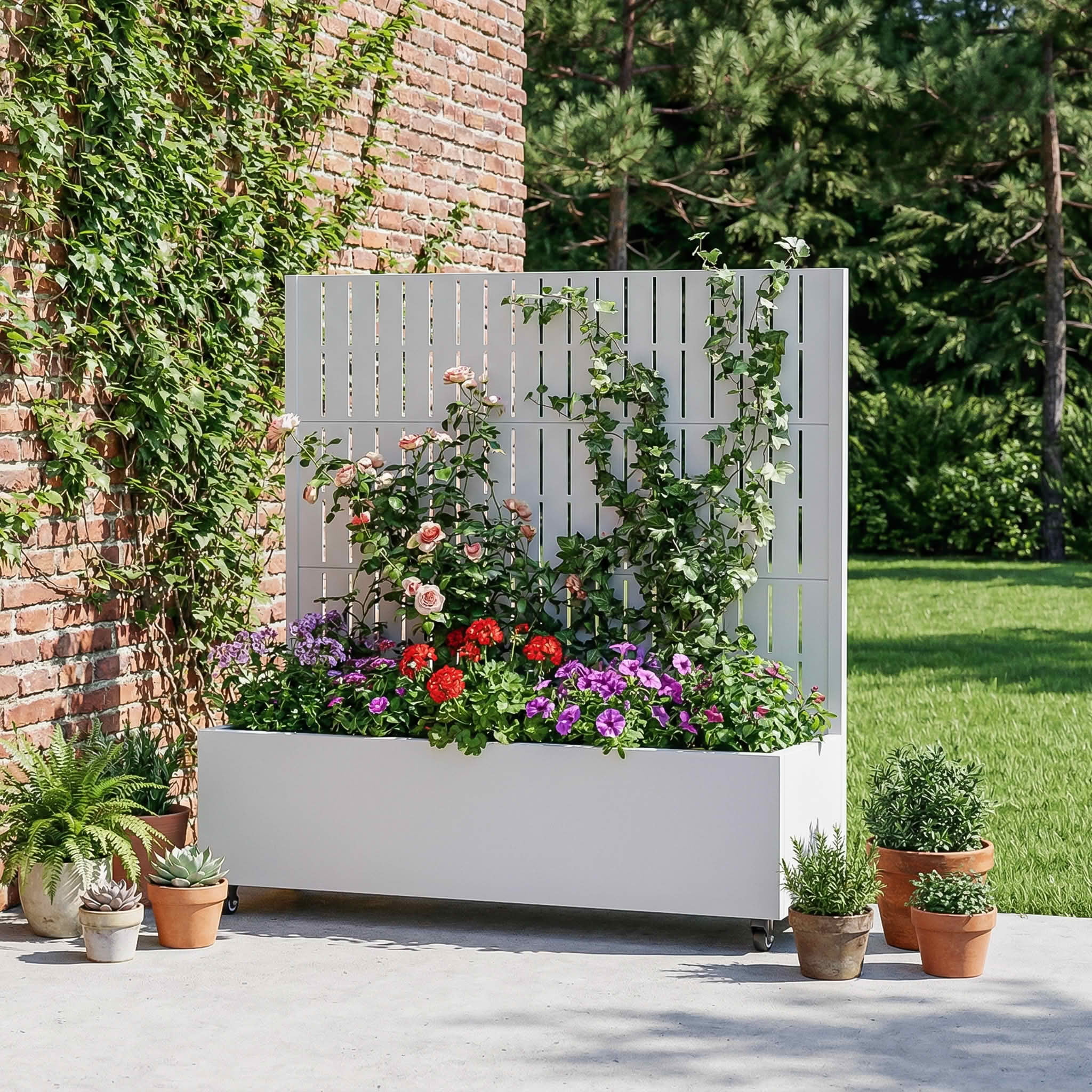MAYEERTY 47X47" Metal Outdoor White Privacy Screen with Planter Box for Backyard & Garden, 3 Piece Set
