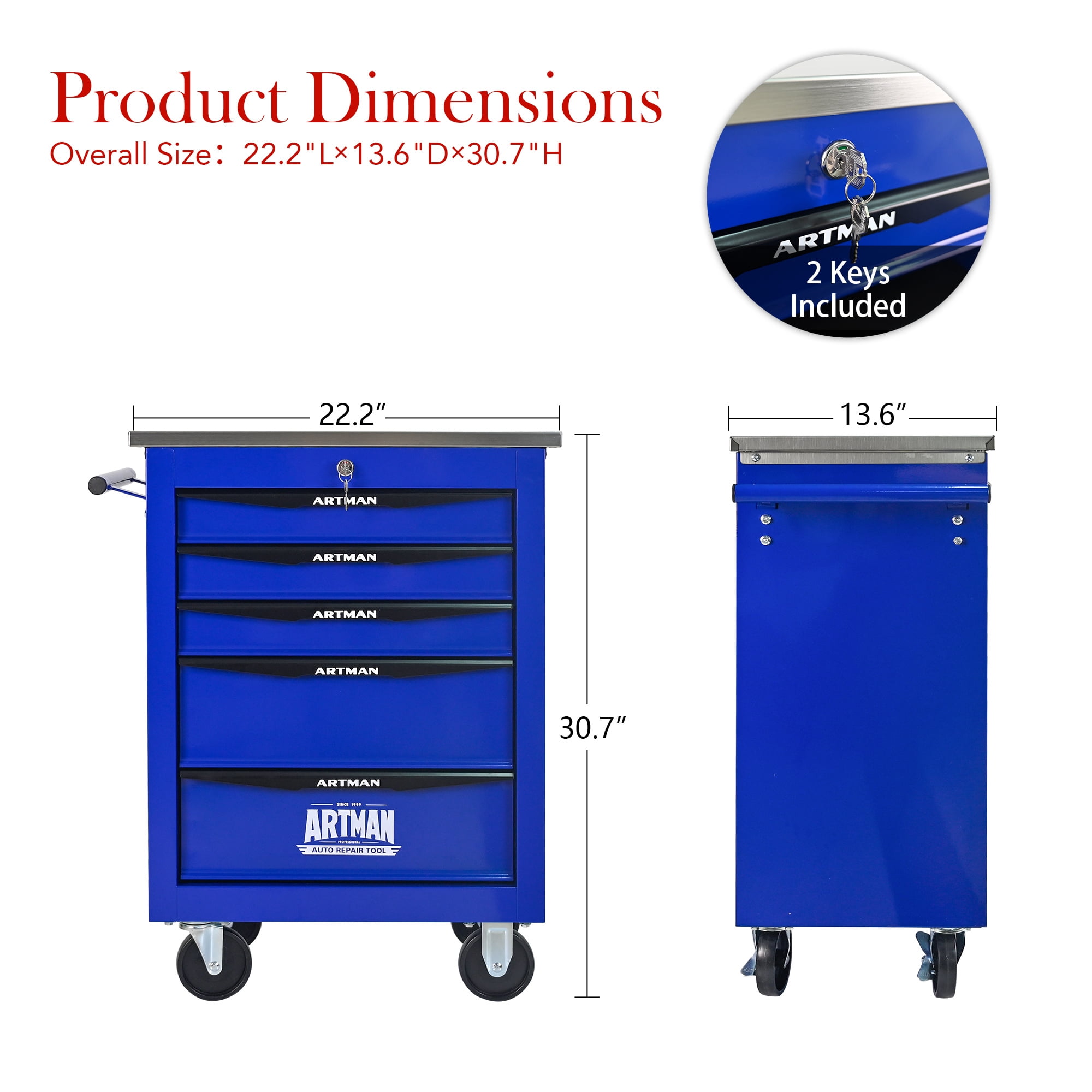 Aukfa Tool Box 5-Drawer Rolling Tool Chest Combination Workbench for Workshop Garage, Blue