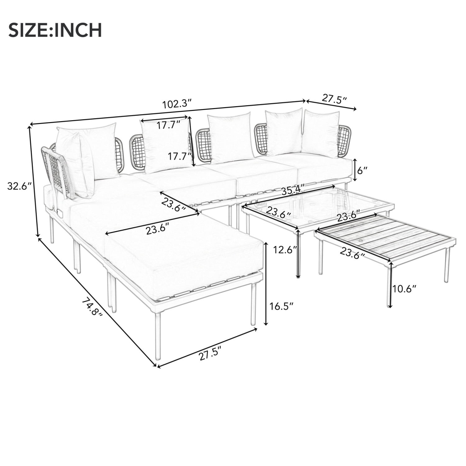 Harper & Bright Designs Outdoor Metal Conversation Furniture Set, 8 Pieces Patio L Shaped Sectional Sofa Set with Glass Coffee Table and Wooden Coffee Table for Garden Backyard and Poolside, Beige