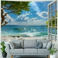 thumbnail image 4 of Chilfamy Blue Ocean Sea Tropical Island Palm Tree Seaside Window Scenic View Balcony Nature Scenery Tapestry Wall Hanging for Bedroom Aesthetic Living Room College Home Decor 60x50inch, 4 of 6
