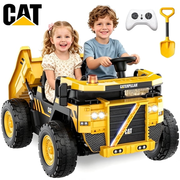 East doll 24V Powered Ride on Dump Truck, Caterpillar Licensed 2 Seater Ride on Toy for Big Kids, 24 Ride ons for Ages 3-8, Ride on Car with Dump Bed, Remote Control, Shovel, 4×100W, Yellow