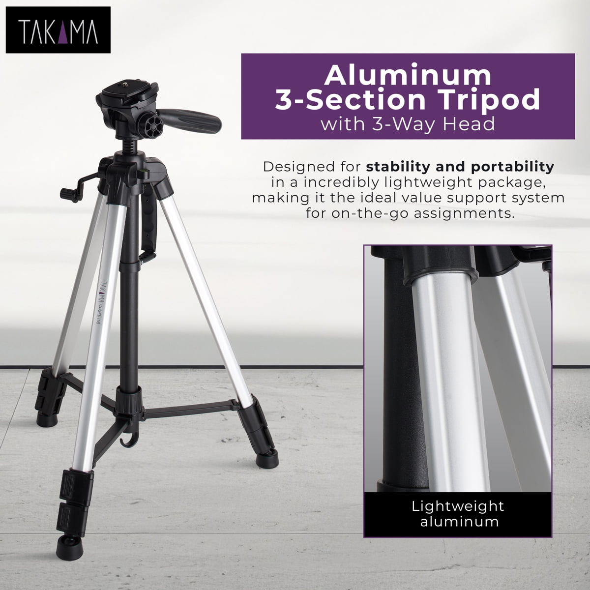 Takama Aluminum 3-Section Tripod with 3-Way Head, 58" Max Height
