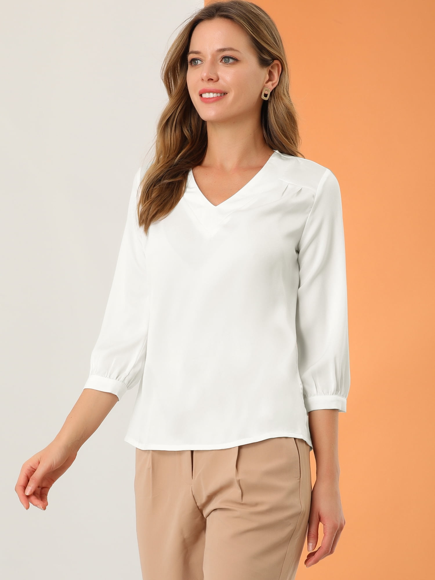 DARING DIVA Solid Long Sleeve V Neck Top Shirts 3XL White