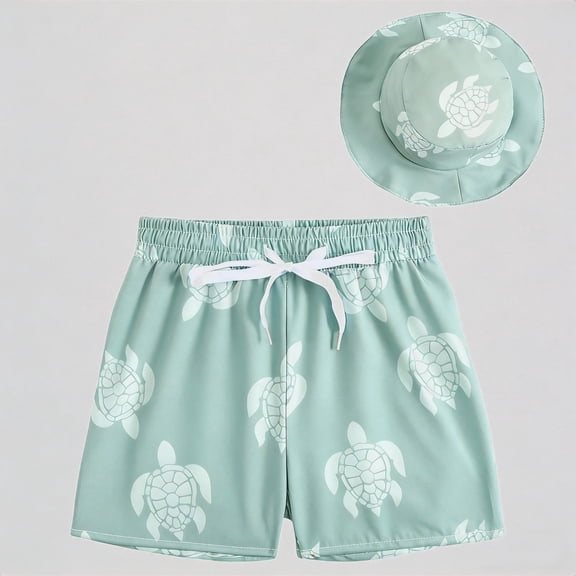 Krdevn Boys Swim Trunks With Matching Bucket Hat Sea Turtle Print Elastic Waist Summer Beach Pool Swimwear,12-18 Months