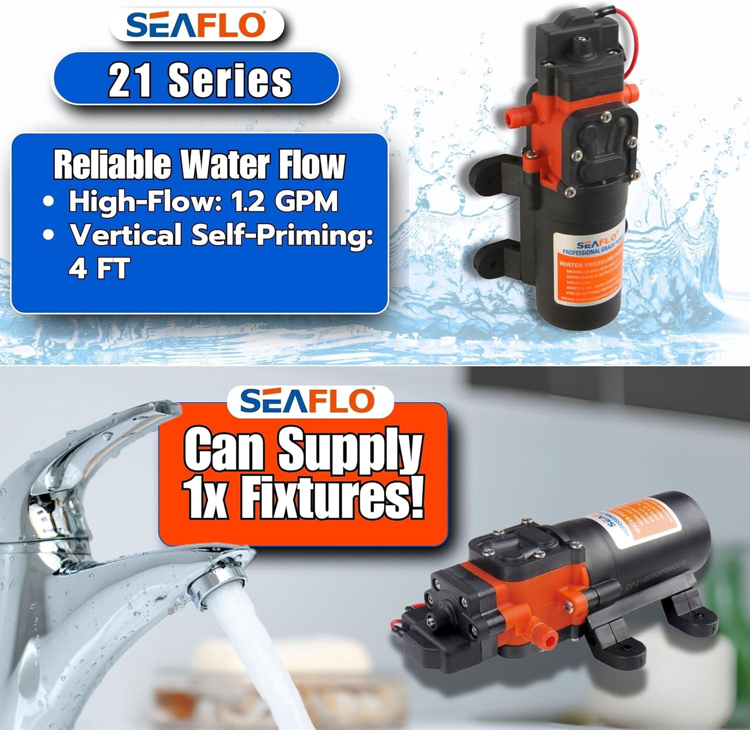 SEAFLO 24V DC 1.2 GPM 35 PSI 21-Series Diaphragm Water Pressure Pump for Marine Boat RV Caravan