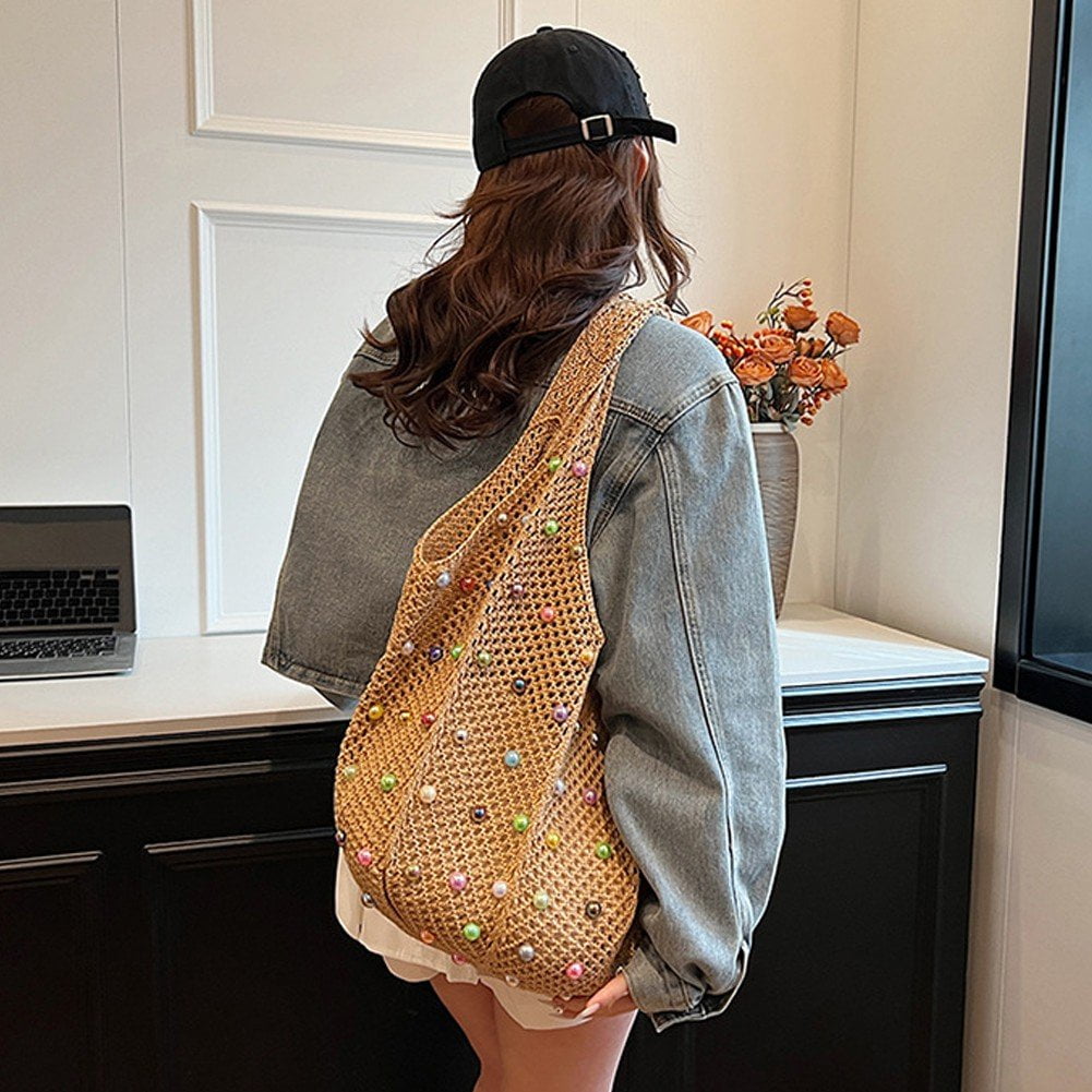Jiibva Crochet Beach Bags Woven Travel Tote Boho Shoulder Bag Hollow Knitting Handbag Mesh Shoulder Bag Women Knitted Handbags for Holiday, Daily Work