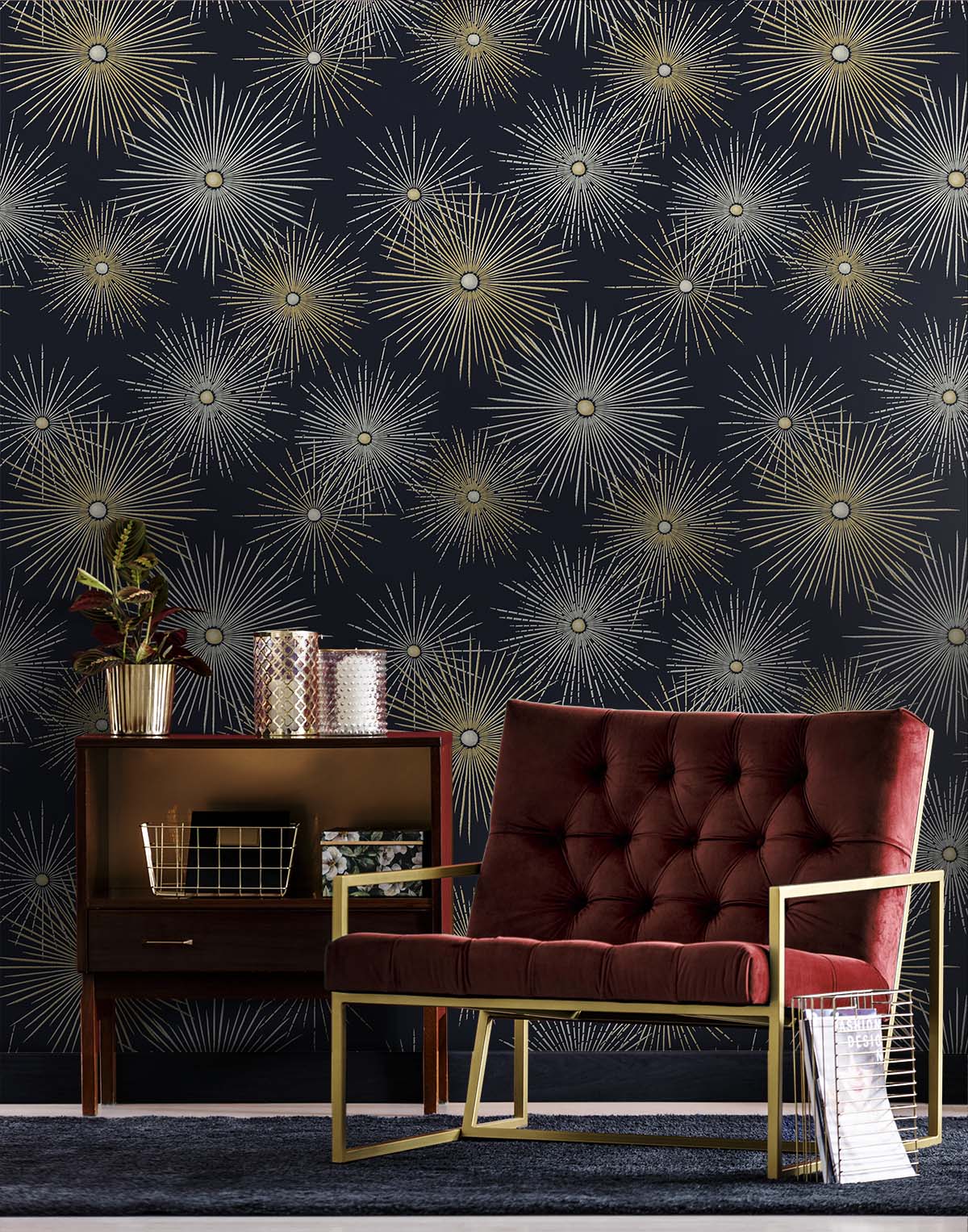 NextWall Midnight & Gold Starburst Geo Peel and Stick Wallpaper
