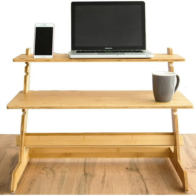 Crew & Axel Standing Desk Converter 100% Natural Bamboo Adjustable Sit Stand Riser Workstation for Desktop or Laptop, Dual Monitor Stand - Home or Office Use (19” High 26” Wide)