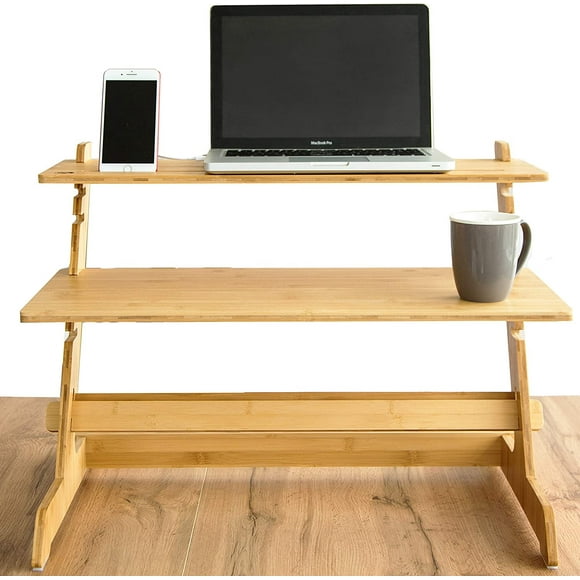 Crew & Axel Standing Desk Converter 100% Natural Bamboo Adjustable Sit Stand Riser Workstation for Desktop or Laptop, Dual Monitor Stand - Home or Office Use (19” High 26” Wide)