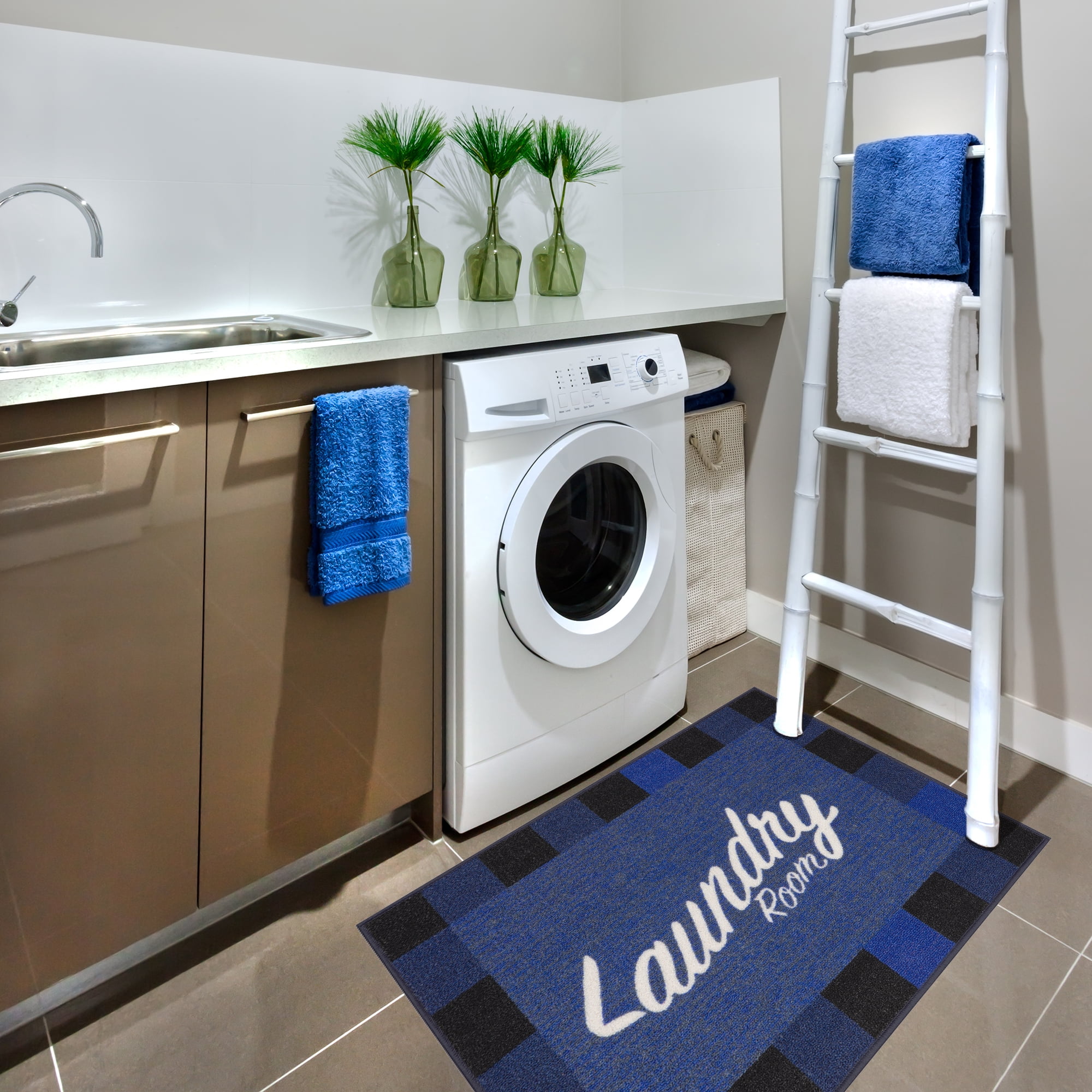 Ottomanson Non-Slip Rubberback Checkered 2x3 Laundry Room Rug, 26" x 35", Blue