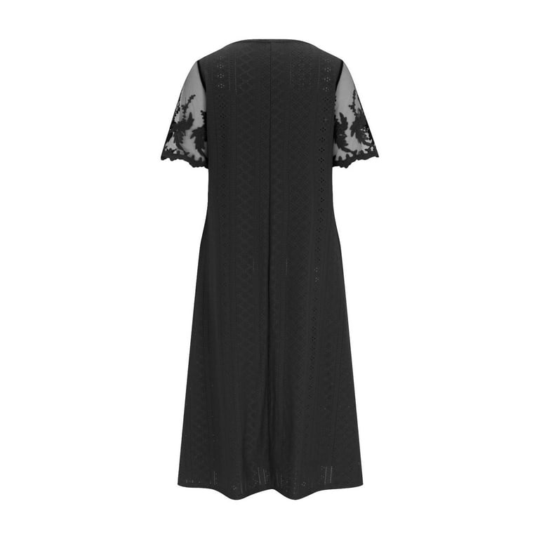Meichang Eyelet Dresses Women Lace Short Sleeve Scoop Neck Midi Dresses  Solid Color Loose Fit Casual Flowy Work Dresses with Pockets Black L -  Walmart.com