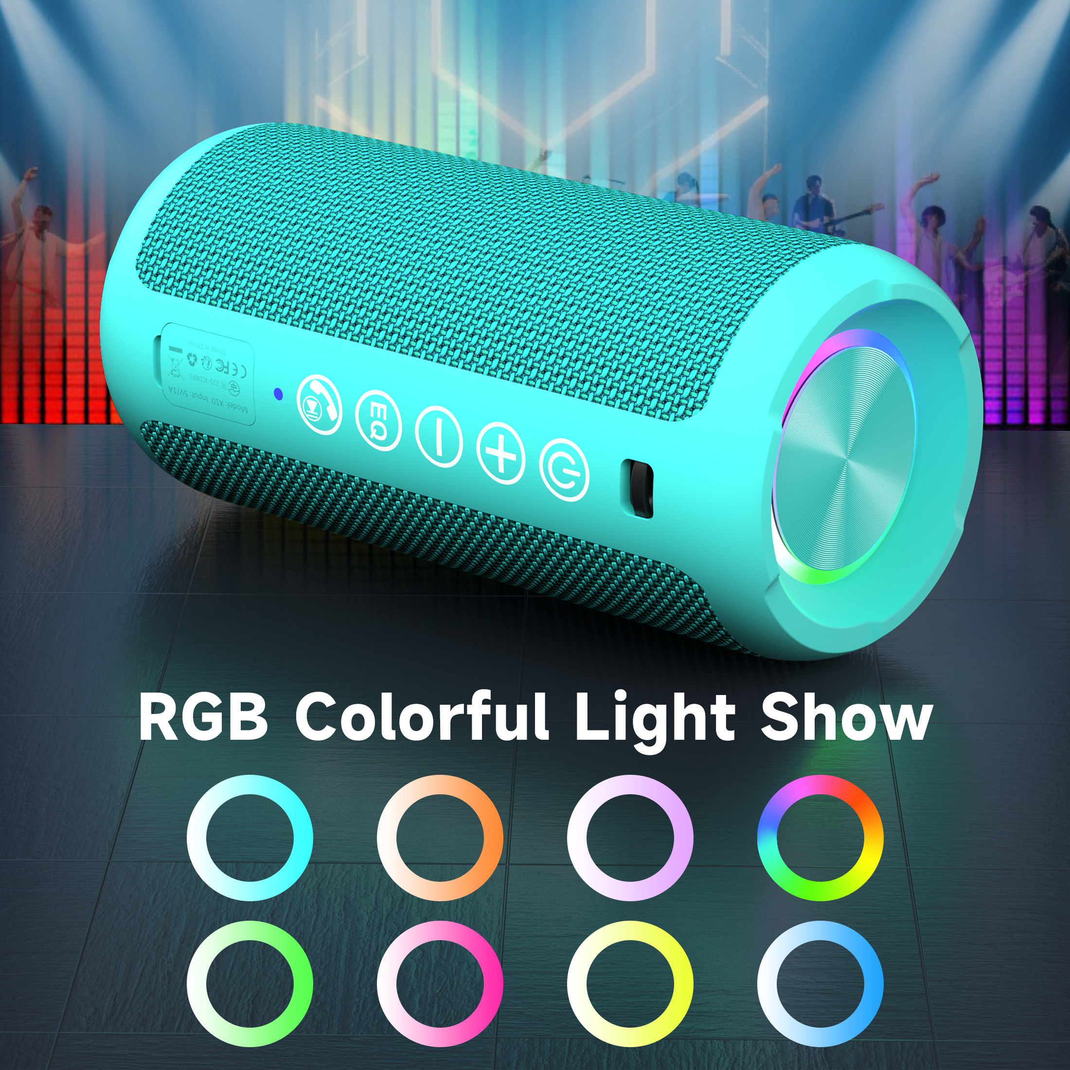Solorage Portable Bluetooth Speaker IPX7 Waterproof, 24W Loud Sound, Deep Bass, Bluetooth 5.3, 30H Playtime, Wireless Stereo Pairing, LED Lights, for Home/Beach/Party/Outdoors-Blue Green