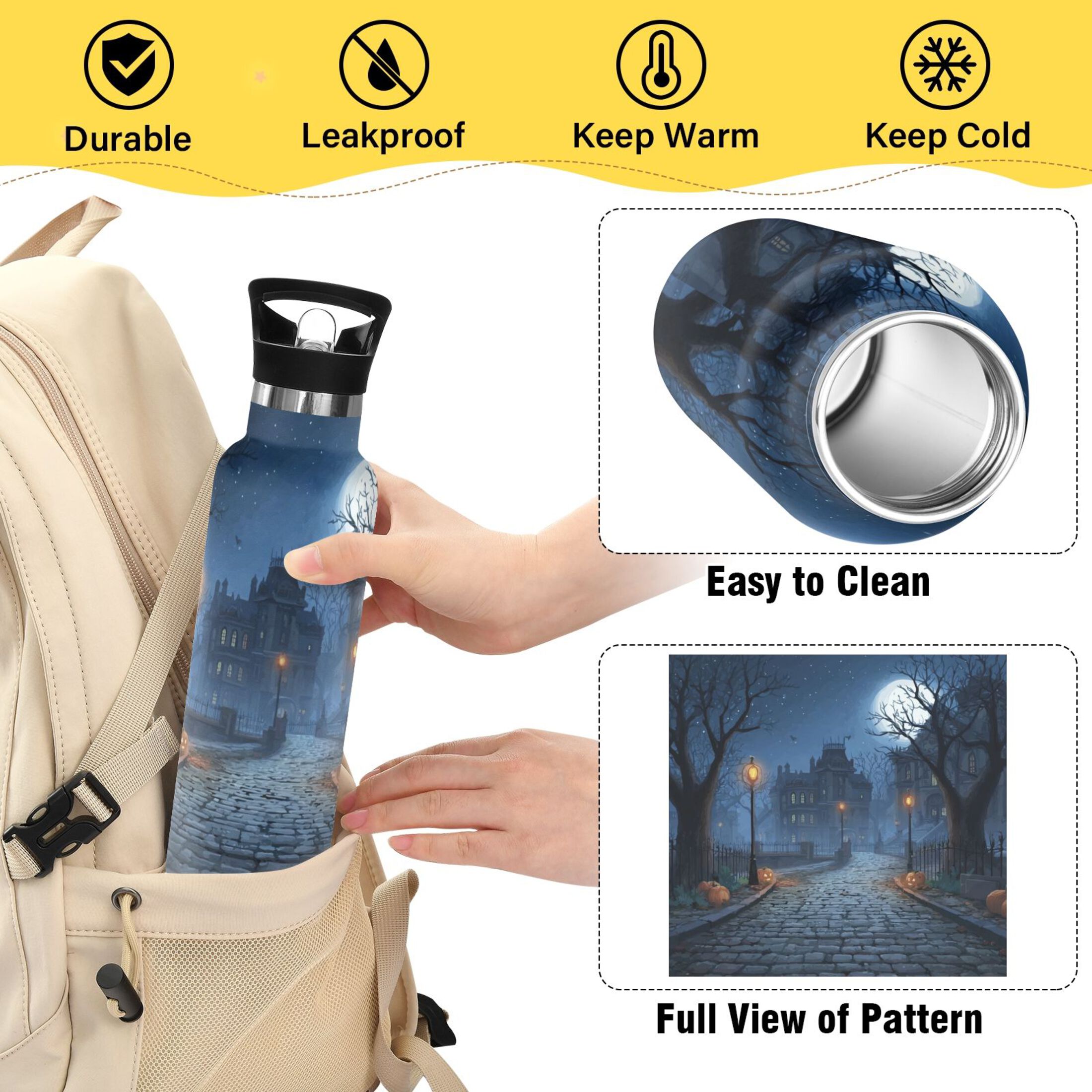 Kids Insulated Stainless Steel Sports Water Bottle 600ml (20oz) Ancient Haunted House in The Moonlight