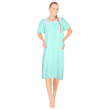 

JEFFRICO Womens Snap Front Housecoat Lounger Duster House Dress Short Sleeve Nightgowns Robe Plus Size