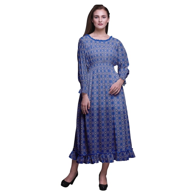 Bimba Robe Maxi Géométrique pour Femmes en Coton, Bohème Renaissance, à Smocks, Longue à Volants - Petit