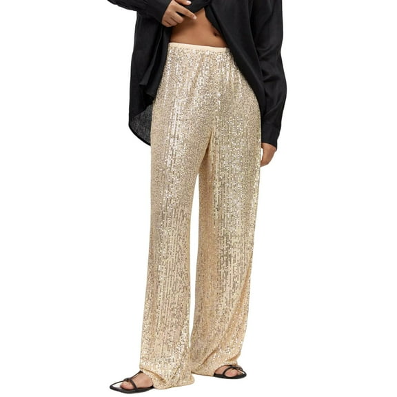 EDFBUYKRS Female Women Pants Casual Linen Pants Women Petite Wide Leg Women's Sequin Pants Shiny Sequins High Waist Wide Leg Flared Pants Flared Pants Nightclub Wear L