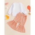 thumbnail image 5 of Toddler Baby Girl Thanksgiving Outfits 6 12 18 24 Months 2T 3T 4T Letter Turkey Print Crew Neck Long Sleeve Sweatshirts and Plaid Flare Pants 2Pcs Clothes Set, 5 of 9