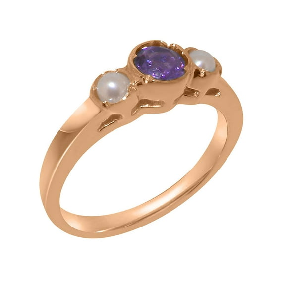 LBG British Made 10k Rose Gold Real Natural Amethyst & Cultured Pearl Womens Statement Ring - 33 size options - Size 8