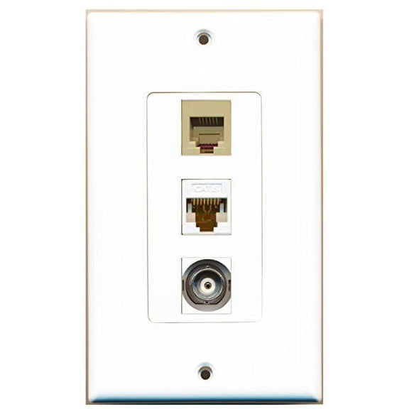 RiteAV - 1 Port Phone RJ11 RJ12 Beige and 1 Port BNC and 1 Port Cat6 Ethernet White Decorative Wall Plate Decorative