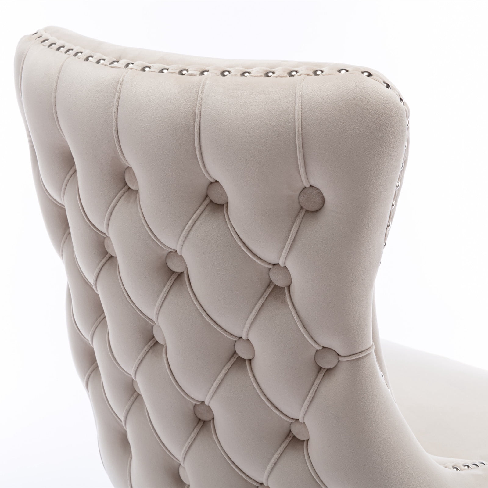 PORKISS Upholstered Dining Chairs Set of 2, Armless Side Chairs with Backstitching Nailhead Trim and Solid Wood Legs, Modern Velvet High Back Chairs, Beige