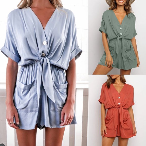 Gifts USSUMA Womens Short Sleeve V‑Neck Loose One‑Piece Romper with Single‑Breast Buttons Elastic Waist Pockets Relaxed Fit Casual Summer Shortalls for Beach Travel Everyday Wear, Romper, Shorts