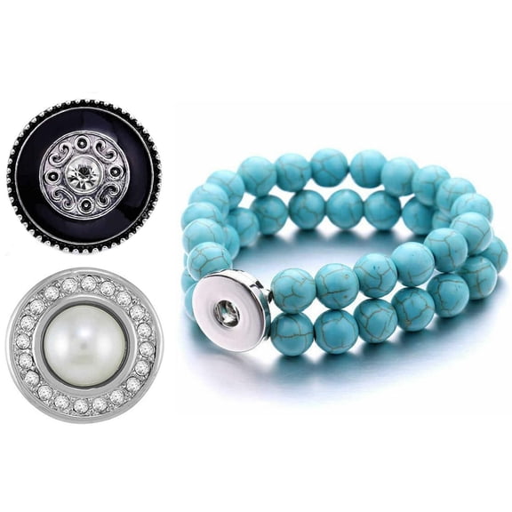 Snap Jewelry Turquoise Double Bead Bracelet with Two Interchangeable Ginger Charms 6.5 Inch
