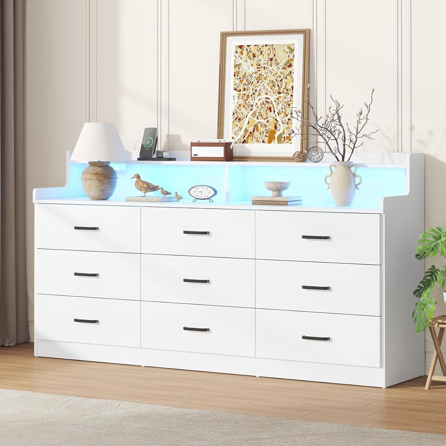 VVFLU Modern Dresser for Bedroom with LED Light, 9 Drawer White Dresser with Charging, Wooden Chest of Drawers, Large TV Stand for Bedroom